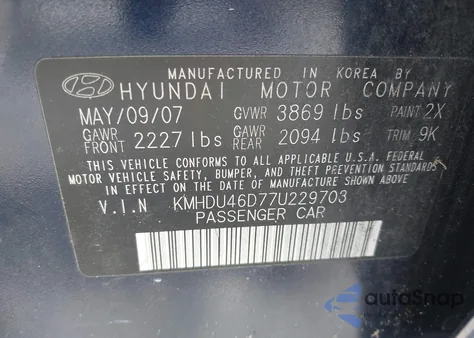 2007 Hyundai Elantra Gls/Limited/Se from USA, damaged, VIN KMHDU46D77U229703